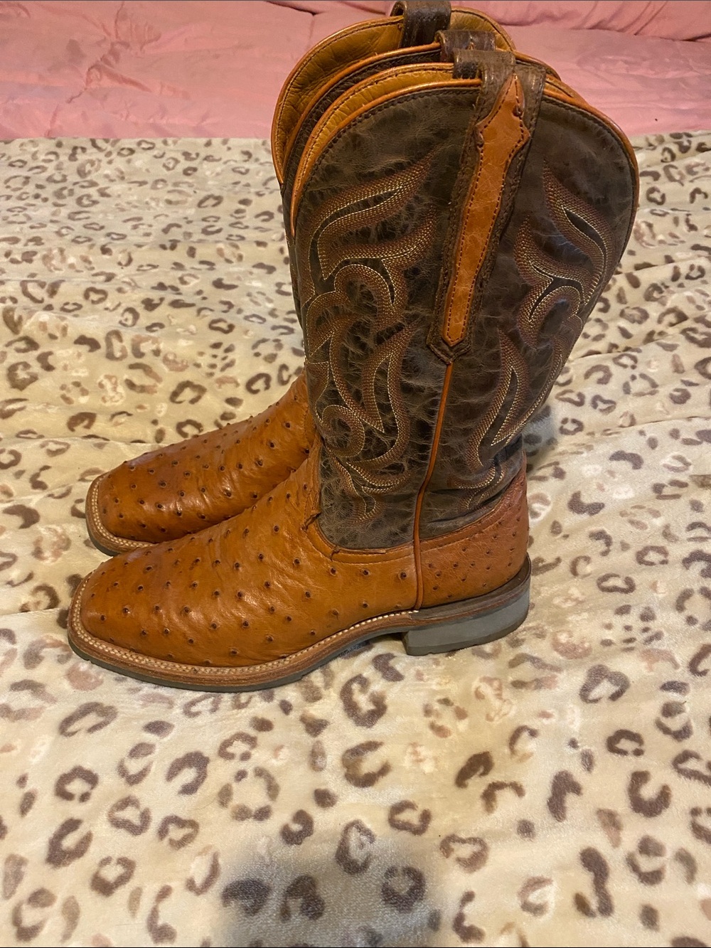 Lucchese Two-Tone Brown Ostrich Toe Cowboy Boots - Picture 2 of 7